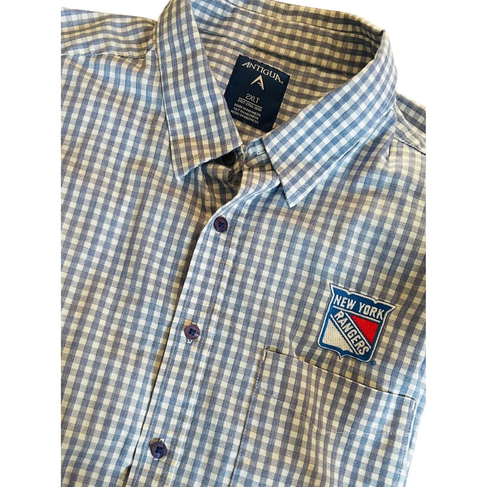 Antigua Mens New‎ York Rangers Gingham Button Up Shirt 2XLT Blue White Plaid